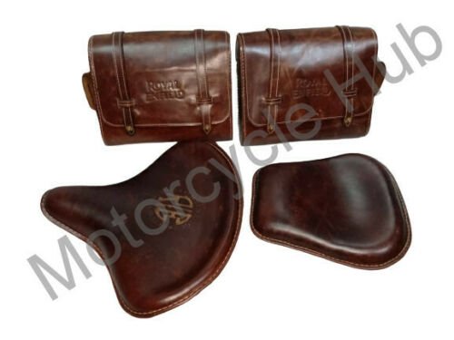 Leather Brown Saddle Bags, Front Rear Seat & Tool Bag For Royal Enfield Classic